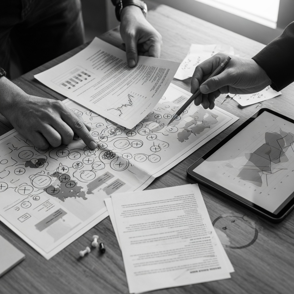 Análise de mercado com mapa competitivo e dados em tablet